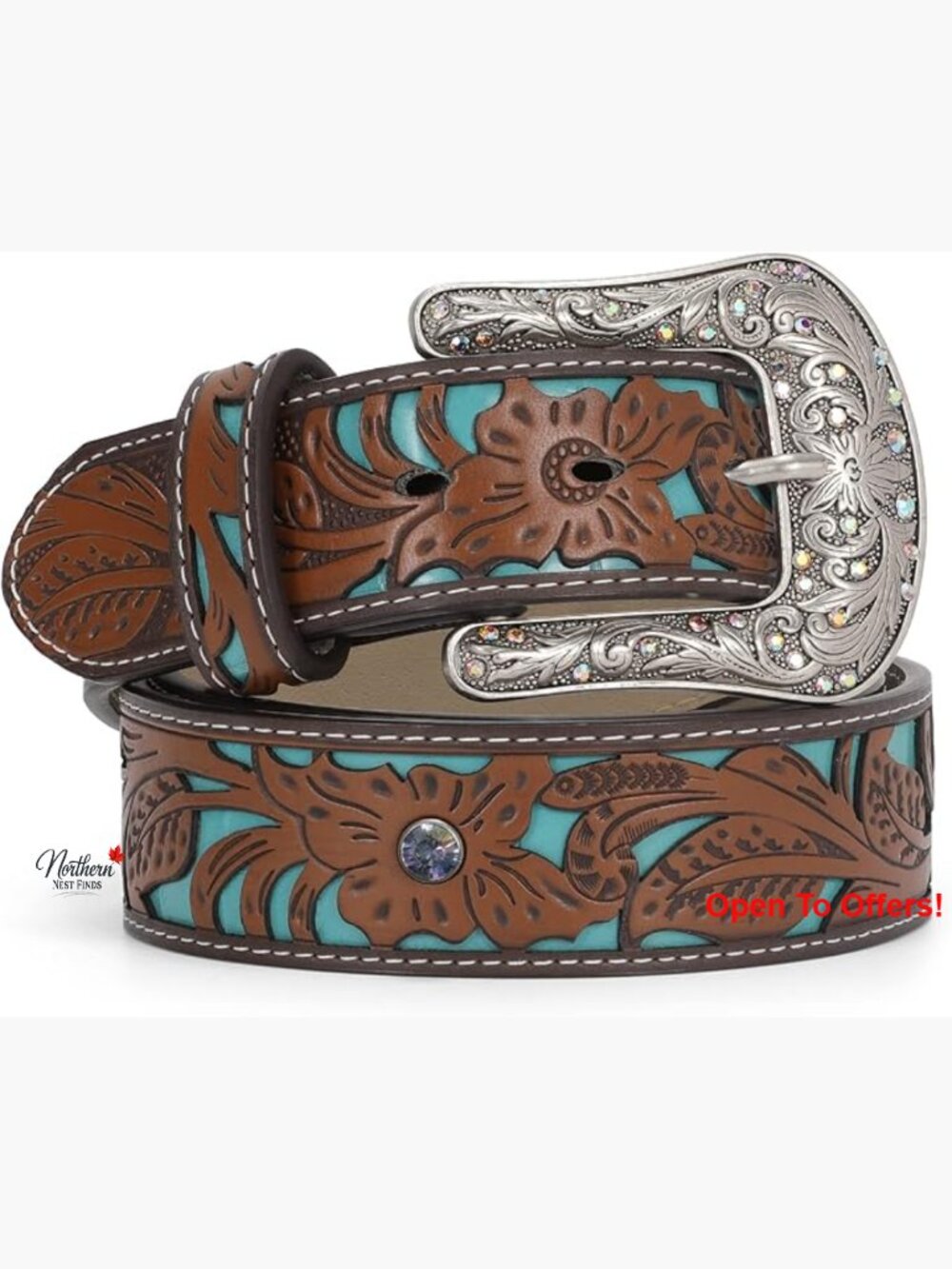 Faux Leather Western Belt with Turquoise Buckle Detachable Adjustable